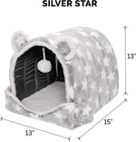 Cat Bed Snuggle Hideout for Indoor Cats & Small Dogs, Washable & Foldable W/ Plush Ball Toy - Snuggle Hideout-Bear Pet Tent - Silver Stars, Small