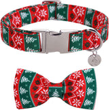 Christmas Dog Collar with Bow Tie, Red Green Strip Snowflake Dog Collar Soft Durable Adjustable Cotton Puppy Collar for Small Medium Large Dog