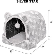Cat Bed Snuggle Hideout for Indoor Cats & Small Dogs, Washable & Foldable W/ Plush Ball Toy - Snuggle Hideout-Bear Pet Tent - Silver Stars, Small