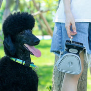 Black dog with a colorful collar standing next to a person holding a blue pet waste scooper in a park setting.