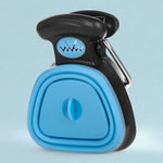 Blue and black pet waste bag dispenser on a light blue background