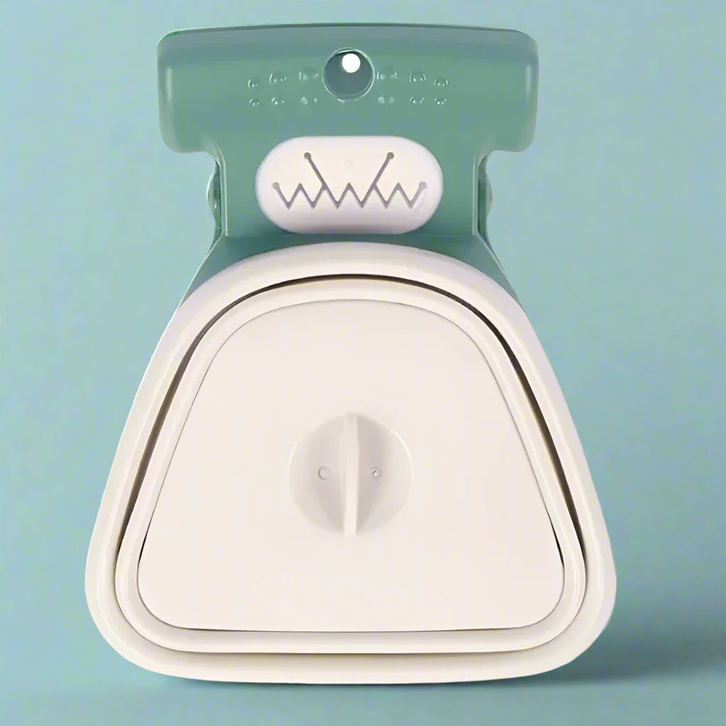 white and green pet waste bag dispenser on a light blue background