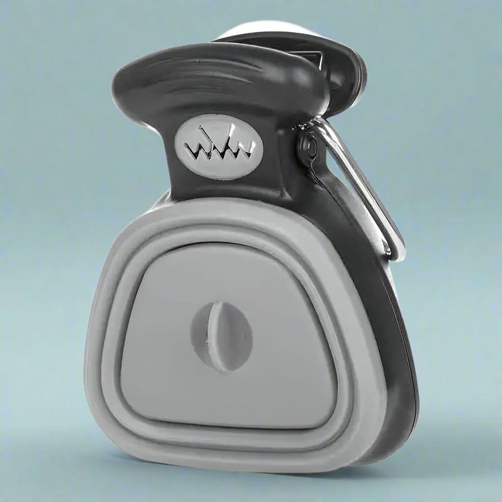 Gray and black container with a carabiner on a light blue background