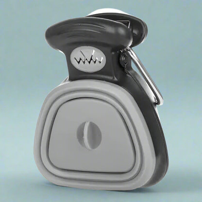 Gray and black container with a carabiner on a light blue background