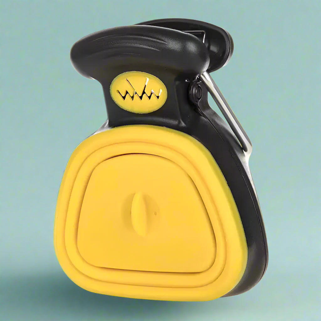 Yellow and black reel with a visible brand logo on a light blue background