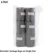 Packaged rolls of garbage bags with labels on a white background