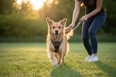A hyper-realistic, cinematic outdoor scene captured with a full-frame DSLR at golden hour. A joyful medium-sized dog (non-specific breed, natural colors) runs energetically toward the camera with lively expression and motion blur on grass, while wearing a premium Pevora-branded harness and leash in subtle, tasteful colors. The owner is partially visible from the waist down to keep the focus on the pet—casual athleisure wear, natural movement, interacting playfully. Bright greenery, sharp details, crisp dept