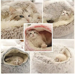 Plush Hooded Pet Bed round Fluffy Soft Cat Bed Pet Cushion Warm Cat Dog 2 in 1 Sleeping Nest Cave for Small Dogs