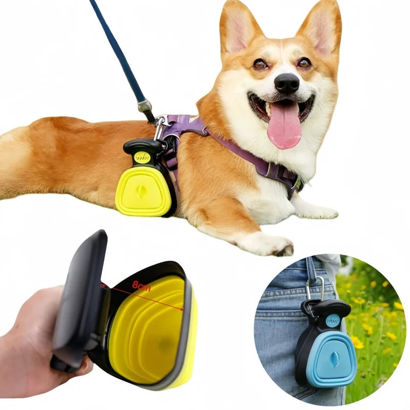 Dog wearing a purple harness with a yellow retractable leash, with close-up insets of the leash and another blue scooper.