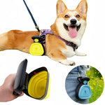 Dog wearing a purple harness with a yellow retractable leash, with close-up insets of the leash and another blue scooper.