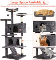 54-In Double Condo Cat Tree Tower Playhouse with Scratching Post & Perch for Indoor, Ashy