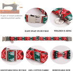 Christmas Dog Collar with Bow Tie, Red Green Strip Snowflake Dog Collar Soft Durable Adjustable Cotton Puppy Collar for Small Medium Large Dog